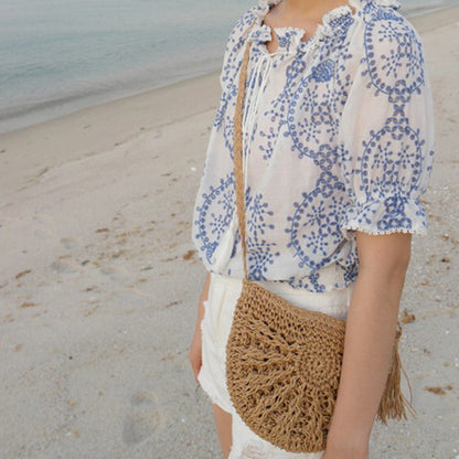 Women's Fashion Casual Handmade Straw Woven Shoulder Tassel Beach Bag