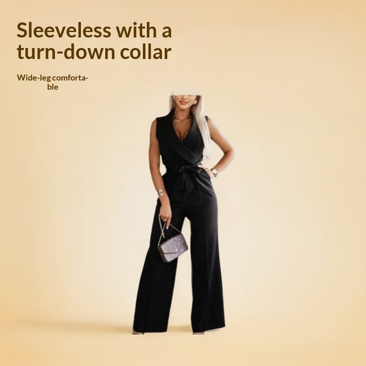 Women's Sleeveless Lapel-collar Wide-leg Jumpsuit With Belt And Pockets