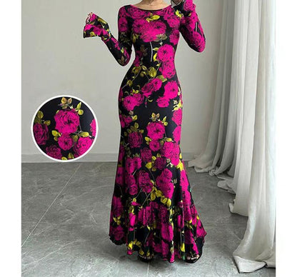 Elegant And Slim-fitting Round Neck Rose Floral Flared Sleeve Bodycon Dress