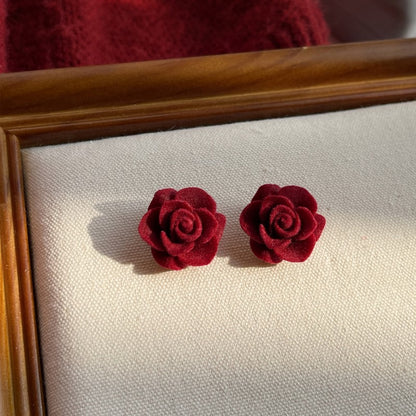 Red Rose Flower Velvet Stud Earrings High-end Retro Ear Decoration Jewelry For Women