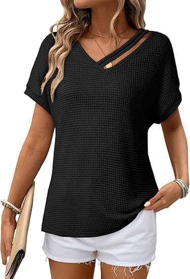 Waffle-knit Short-sleeve V-neck Women's Fashion Casual