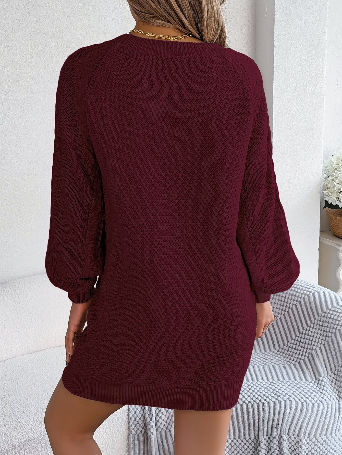 Women Solid Color Cable Knit Cinched Lantern Sleeve Sweater Dress