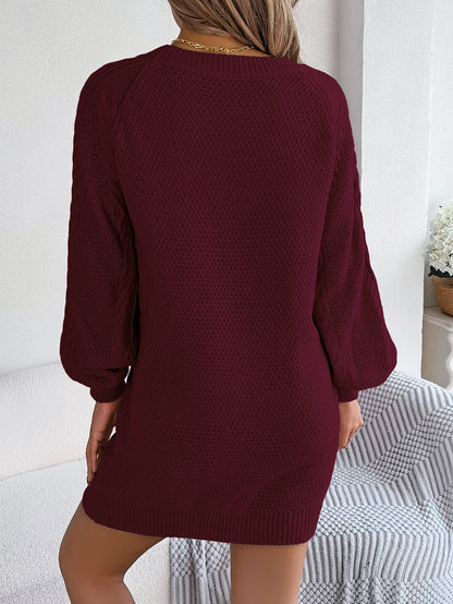 Women Solid Color Cable Knit Cinched Lantern Sleeve Sweater Dress