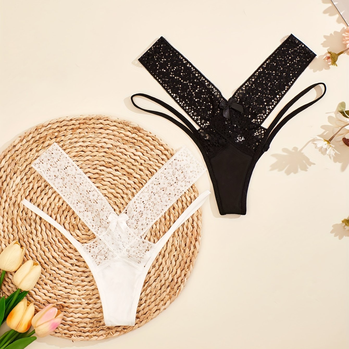 Strappy Lace Thong Panties, Floral Print Semi-Sheer High Waist Criss Cross Panties, Women's Lingerie & Underwear