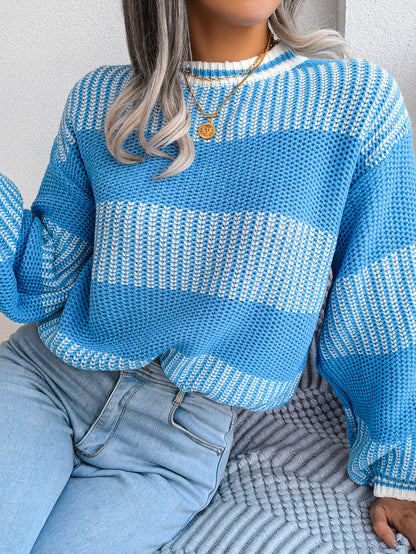Women Casual Color Block Stripe Long Sleeve Knit Sweater
