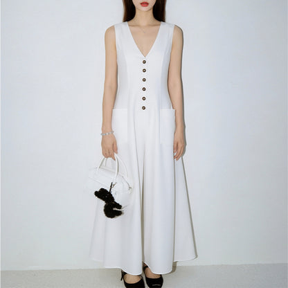 Women's Stylish & Elegant Solid-Color V-Neck Button-Up Dress