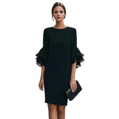 Womens Solid-Colored Ruffle-Trim Flared-Sleeve Slim-Fit Dress