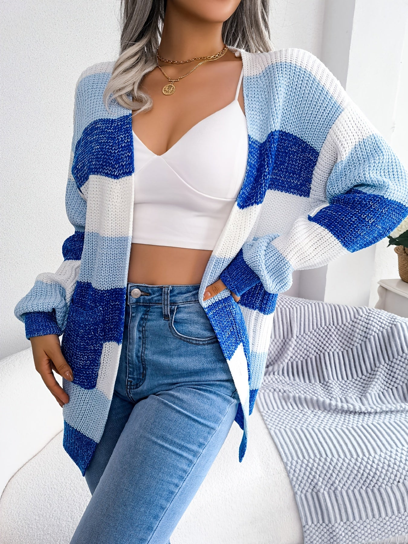 Vibrant Striped V-Neck Knit Cardigan - Soft High-Elasticity Acrylic Fabric, Casual Loose Fit, Drop Shoulder, Long Sleeve, Hand Wash Only, Perfect for Winter - Womens Casual Clothing for Everyday Wear