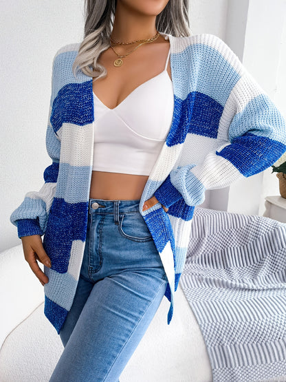 Vibrant Striped V-Neck Knit Cardigan - Soft High-Elasticity Acrylic Fabric, Casual Loose Fit, Drop Shoulder, Long Sleeve, Hand Wash Only, Perfect for Winter - Womens Casual Clothing for Everyday Wear