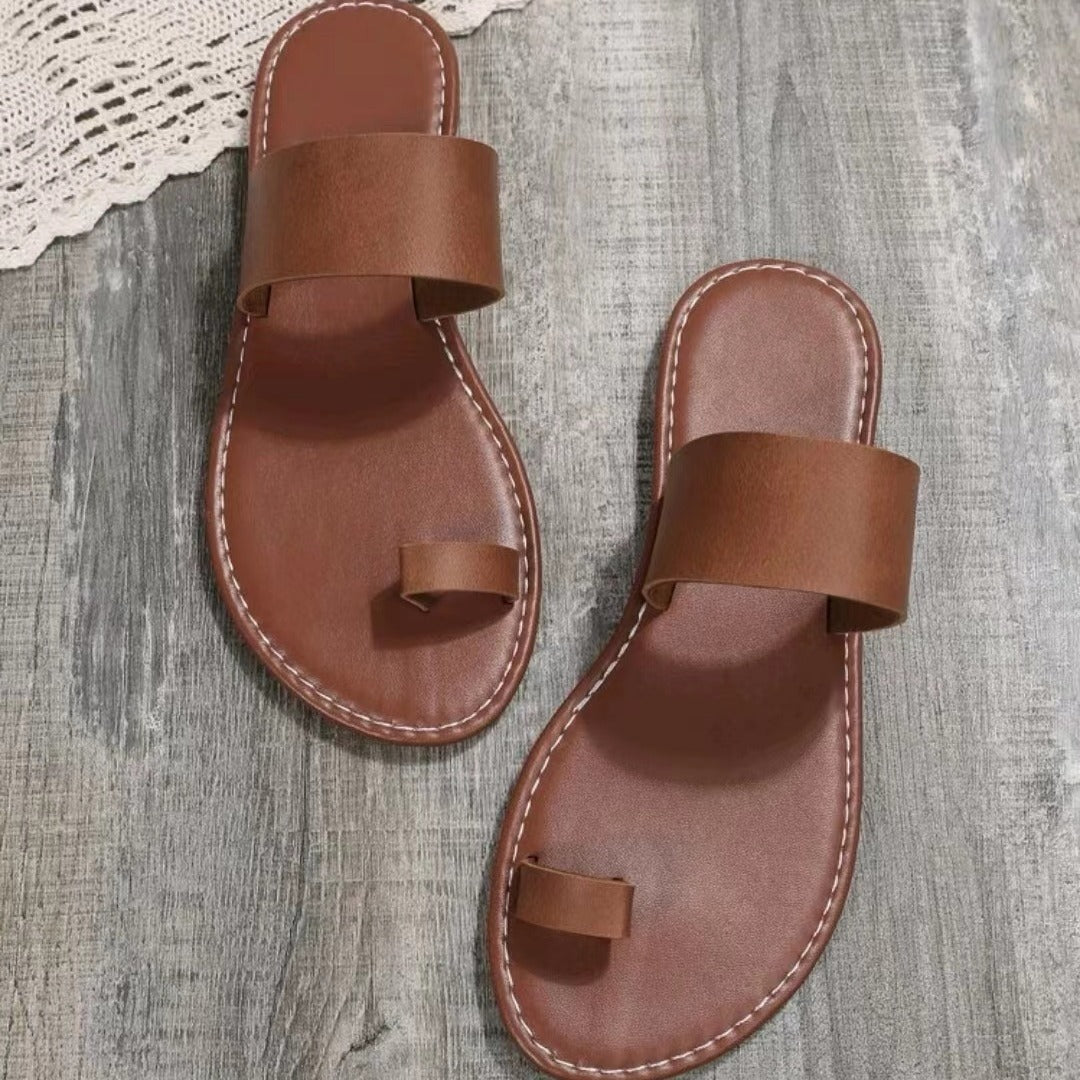 Women's Dark Brown Toe Loop Sandals - Comfortable Flat Slip-On Slides for Indoor & Outdoor Wear