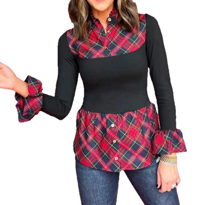 Women's Retro Ruffle Trimmed Shirt Collar Red Plaid Print Patchwork Top