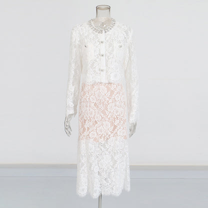 Round Neck Diamond Lace Embroidered Top High Waist Skirt Suit