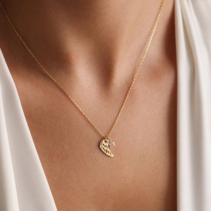 Golden Hollowed Angel Wings Pendant Necklace With Birthstone For Each Month
