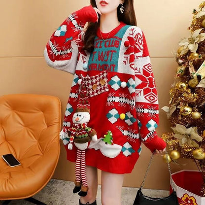 Versatile Loose Round-neck Red Christmas Sweater Women