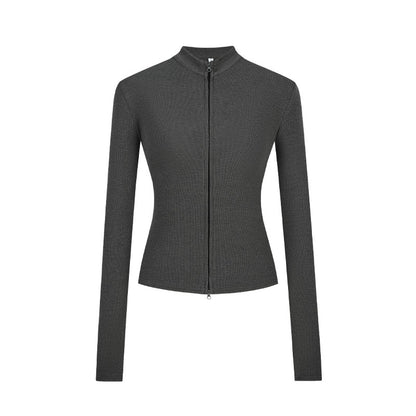 Stand-up Collar Slim-fit Waist-cinching Cardigan Top