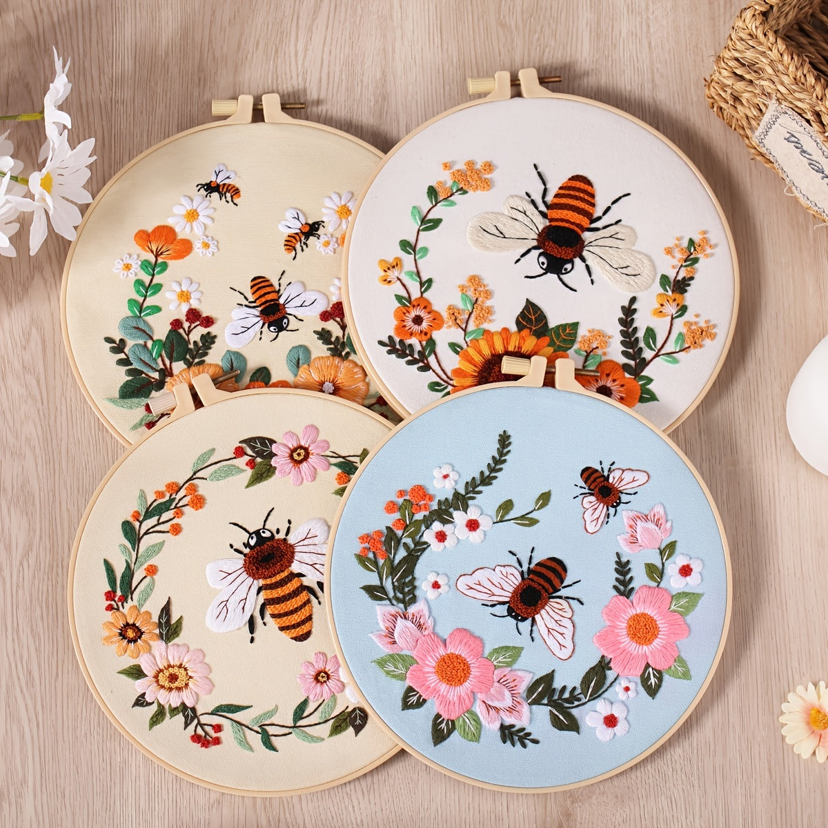 5set Embroidery Kit, Honeybee And Flowers, Include 1 Embroidery Hoop 7.9 Inch