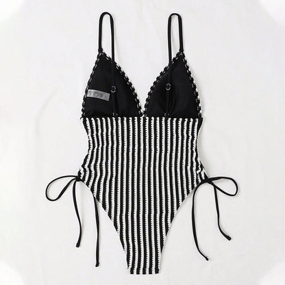 Lace-up Backless Sexy Stripes One-piece Swimsuit