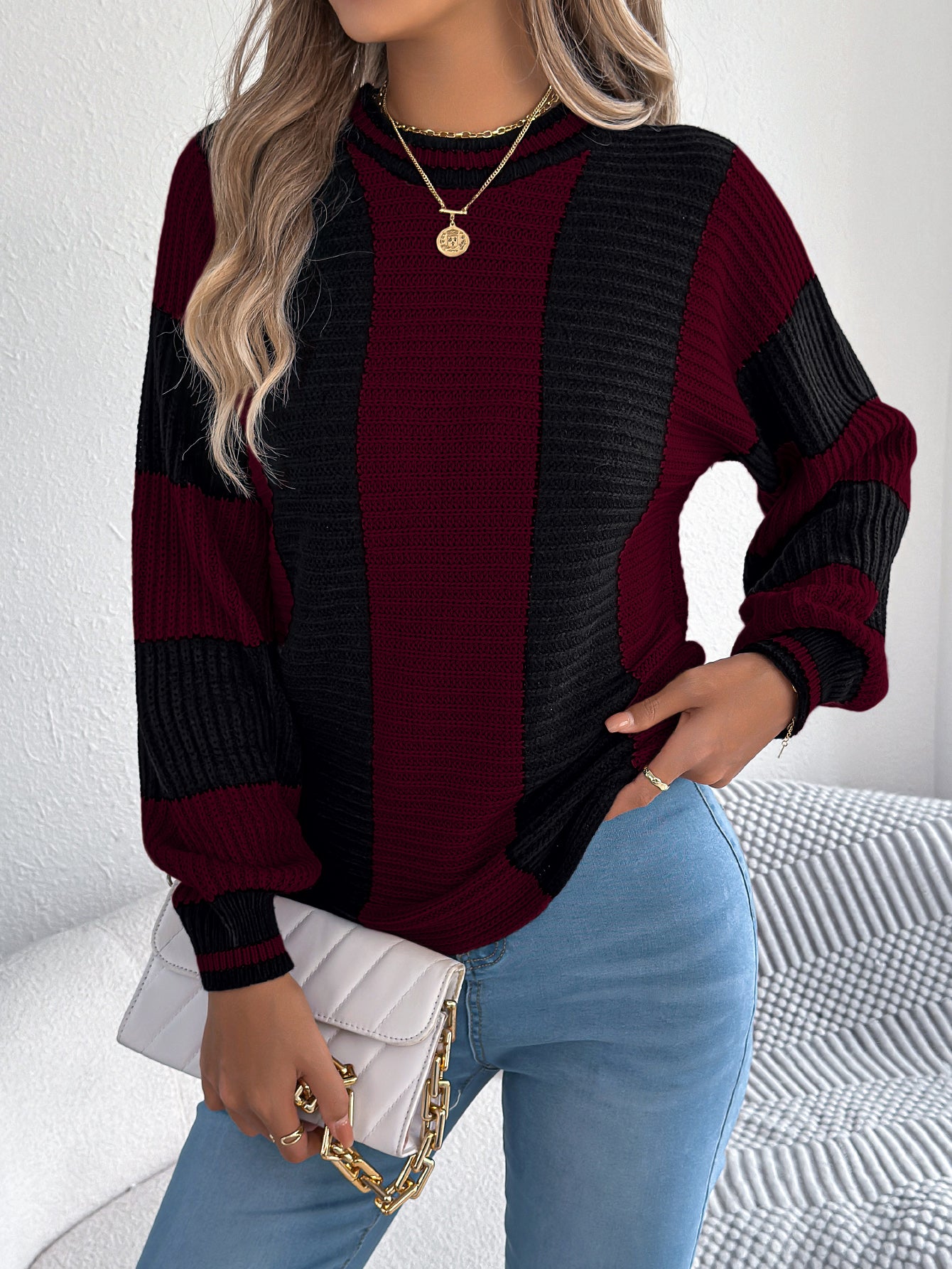 Women Casual Color Block Stripe Lantern Sleeve Pullover Sweater