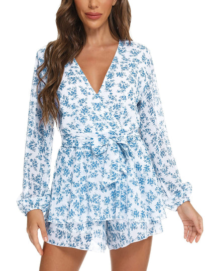 Ladies Polka-dot V-neck Jumpsuits, Long Sleeve Ruffle Hem Romper Playsuit, Casual Every Day Romper, Women's Clothing