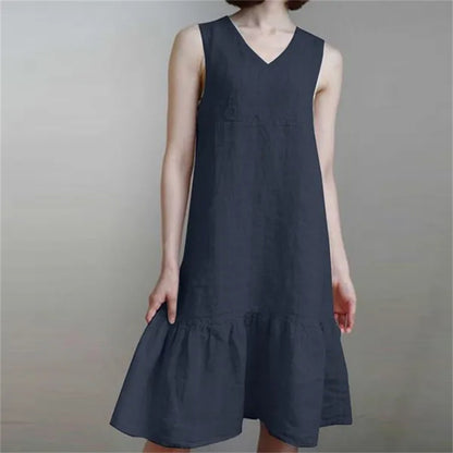 Loose-fit V-neck Solid-color Pleated Strap Sundress In Cotton And Linen