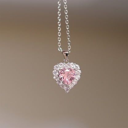 Love Heartbeat Pink Love Zircon Earrings Necklace Set Qixi Valentine's Day Gift For Girlfriend