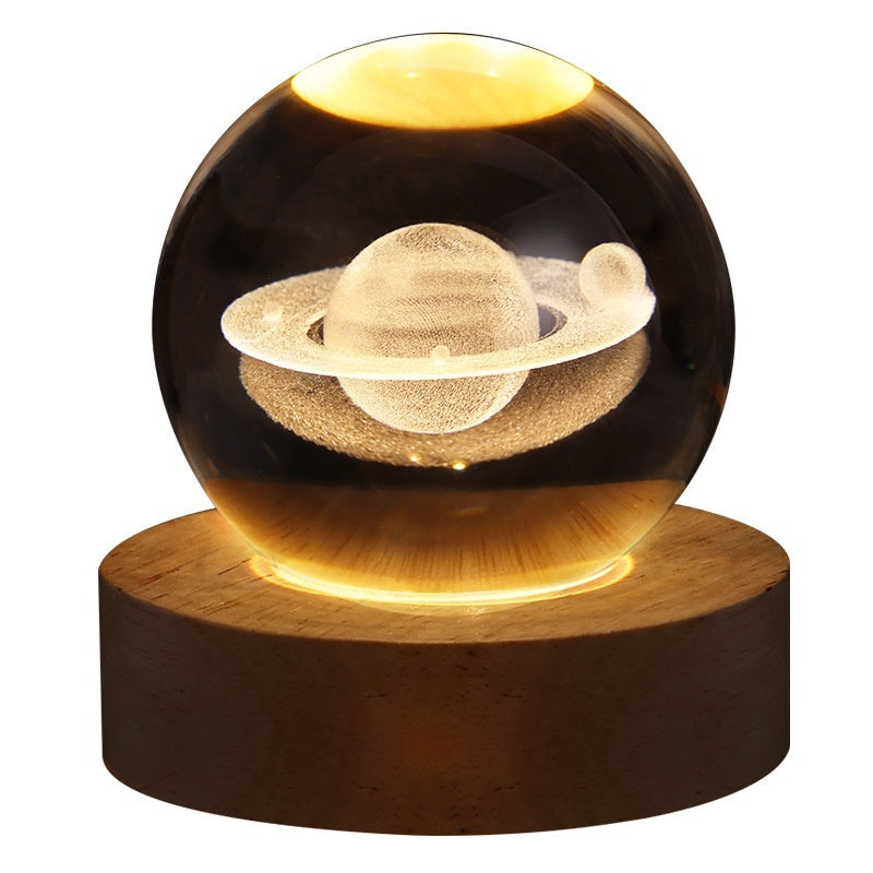 3D Crystal Ball Night Light - USB Powered Projection Lamp with Wooden Base | Moon, Ferris Wheel & Forest Designs