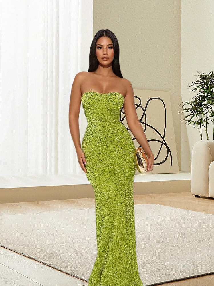 Women's Solid Color Strapless Zipper Velvet Sequin Bodycon Dress