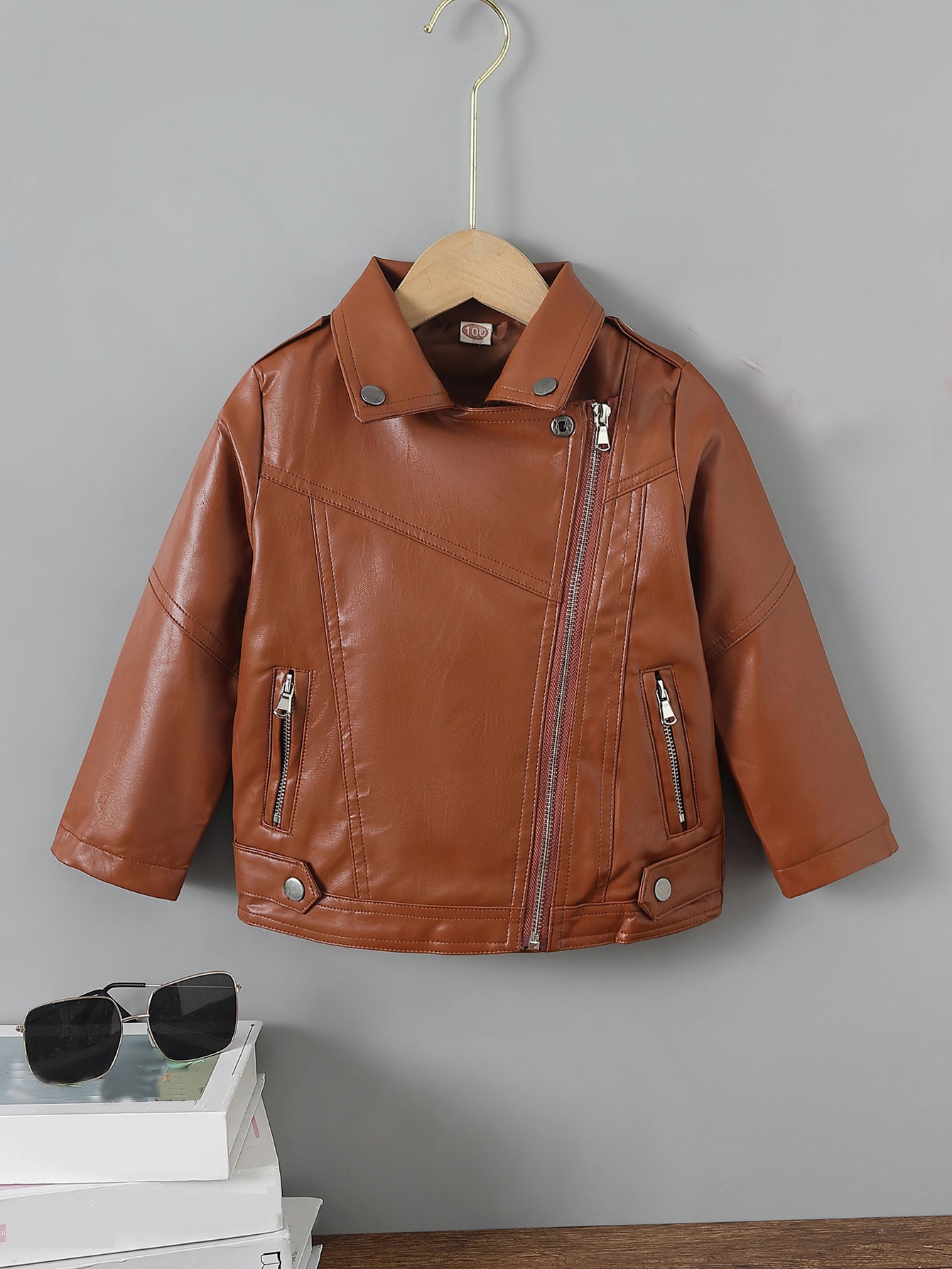 Children's Lapel PU Leather Jacket Zipper Coat Top For Girls And Boys Kids Clothes