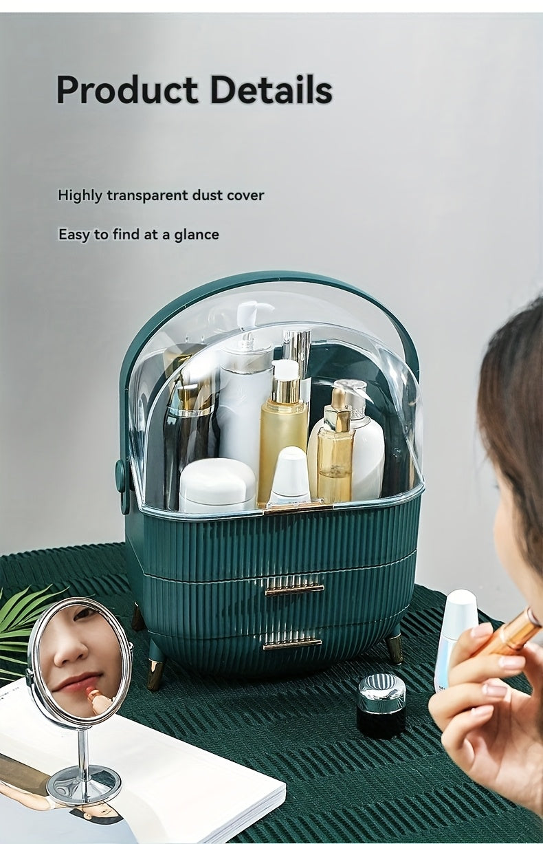 1pc Plastic Cosmetic Storage Box, Lightweight, Tension Mount, Multi-functional with Cover & Drawer, Waterproof & Dust-proof, for Bathroom & Desktop Makeup Organizer