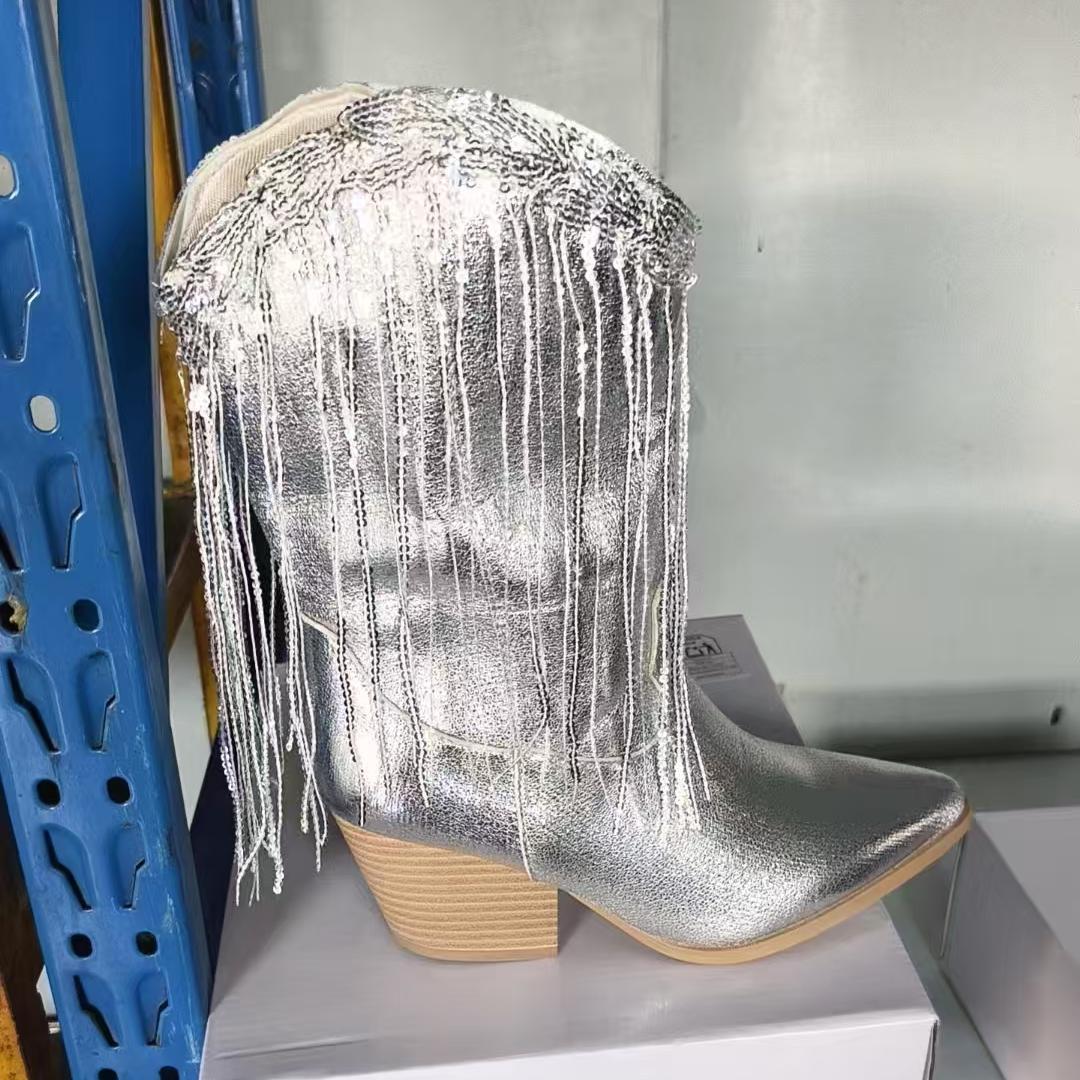 European And American Fashion Middle Fashion Boots Female Retro Chunky Heel Pleated Western Knight