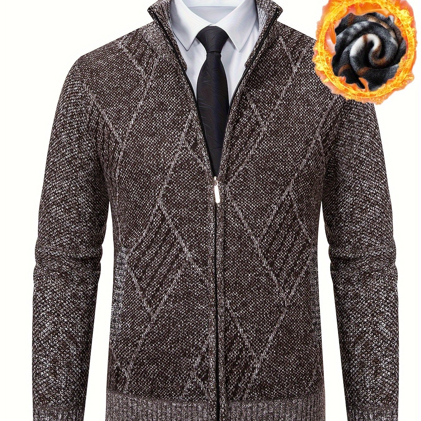 Mens Diamond Plaid Cardigan - Stylish Casual with Refined Stand Collar - Luxuriously Plush & Cozy Warm Knit Zip Up - Eye-Catching Design