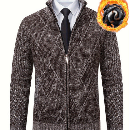 Mens Diamond Plaid Cardigan - Stylish Casual with Refined Stand Collar - Luxuriously Plush & Cozy Warm Knit Zip Up - Eye-Catching Design