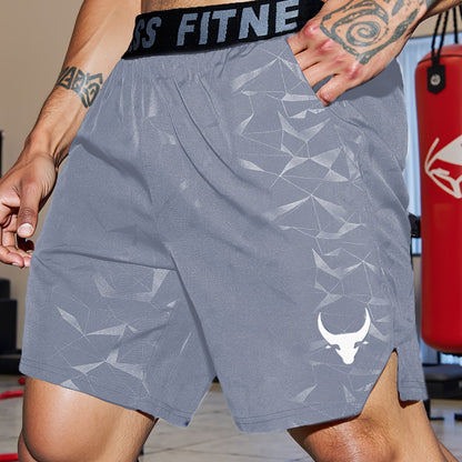 Men's "S's FINE" Athletic Shorts - Gray, Quick-Dry Polyester with Geometric Pattern, Elastic Waistband, Ideal for Running & Workouts, Machine Washable