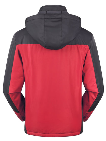 Men's Casual Color Block Thick Hooded Jacket, Waterproof Windproof Single-layer Fleece Jacket For Fall Winter Jacket Gifts Best Sellers