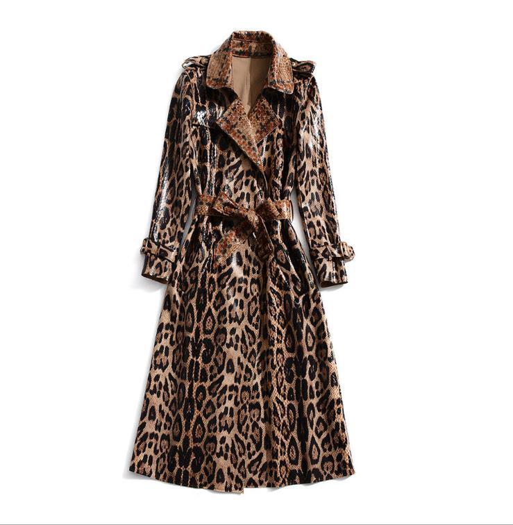 Long-sleeved Leopard Print Shiny Suede Fashion Lace-up Trench Coat