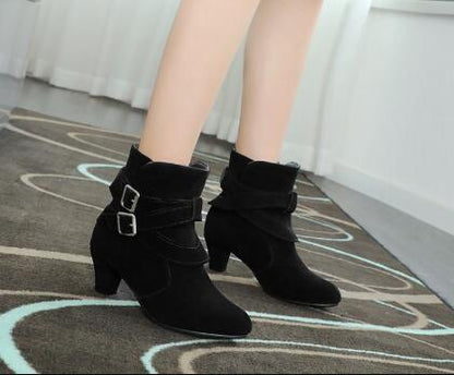 Women's Suede Ankle Boots | High Heel Martin Boots with Buckle & Side Zip
