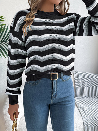 Women Casual Hollow Out Color Block Stripe Lantern Sleeve Pullover Sweater