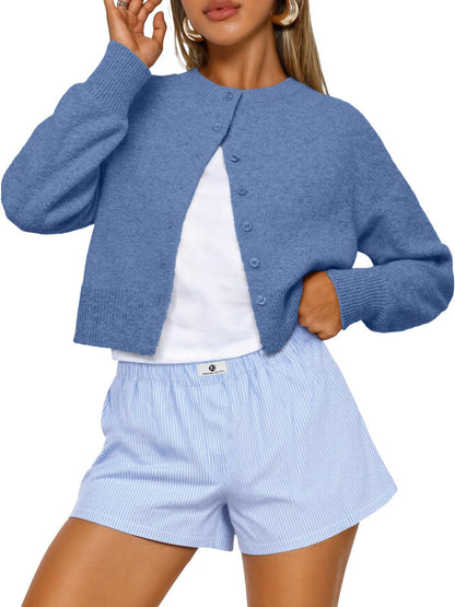 Buttoned Long-sleeve Crew-neck Solid-color Cropped Knit Sweater