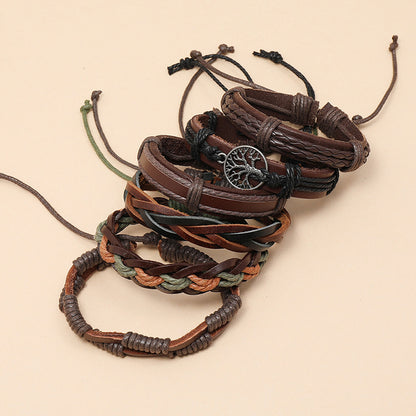 Men's Leather Bracelet Set - 6 Piece Tree of Life Braided Bracelets for Men | Retro Boho Style