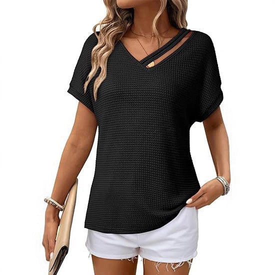 Waffle-knit Short-sleeve V-neck Women's Fashion Casual
