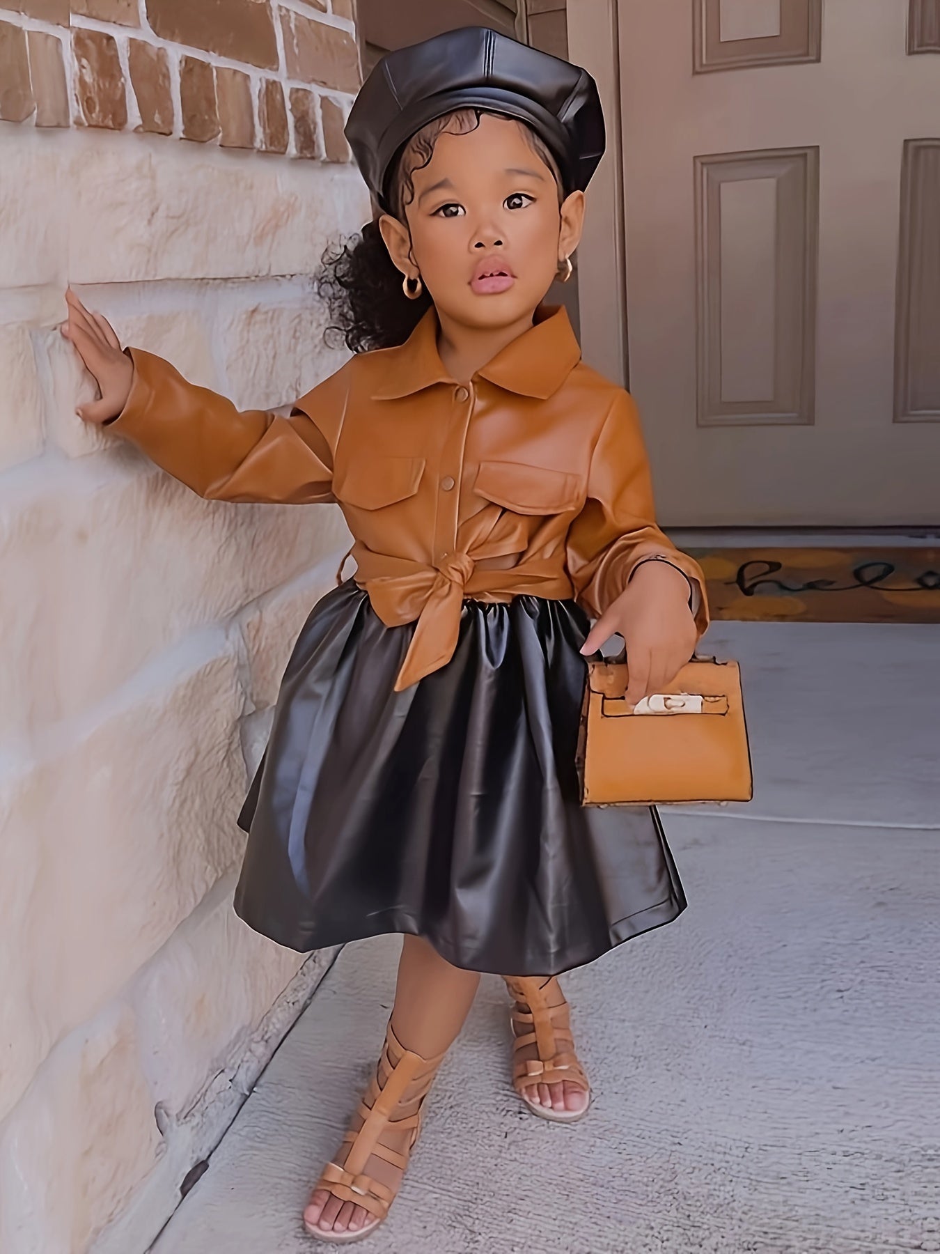 Vibrant Color Block PU Leather Dress for Girls - Stylish Button Lapel Design, Adjustable Belt, and Comfortable Fit for Kids' Everyday Wear