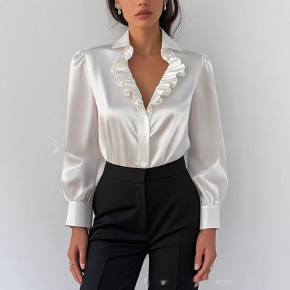 Minimalist Chic And Stylish French-inspired White Lace Long-sleeve Blouse For The Modern Lady