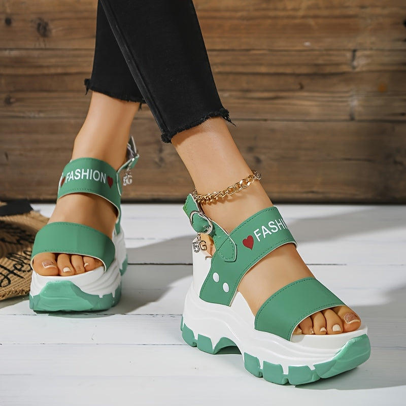 Women's Platform Wedge Sandals - Open Toe Ankle Strap Heels with Metal Buckle