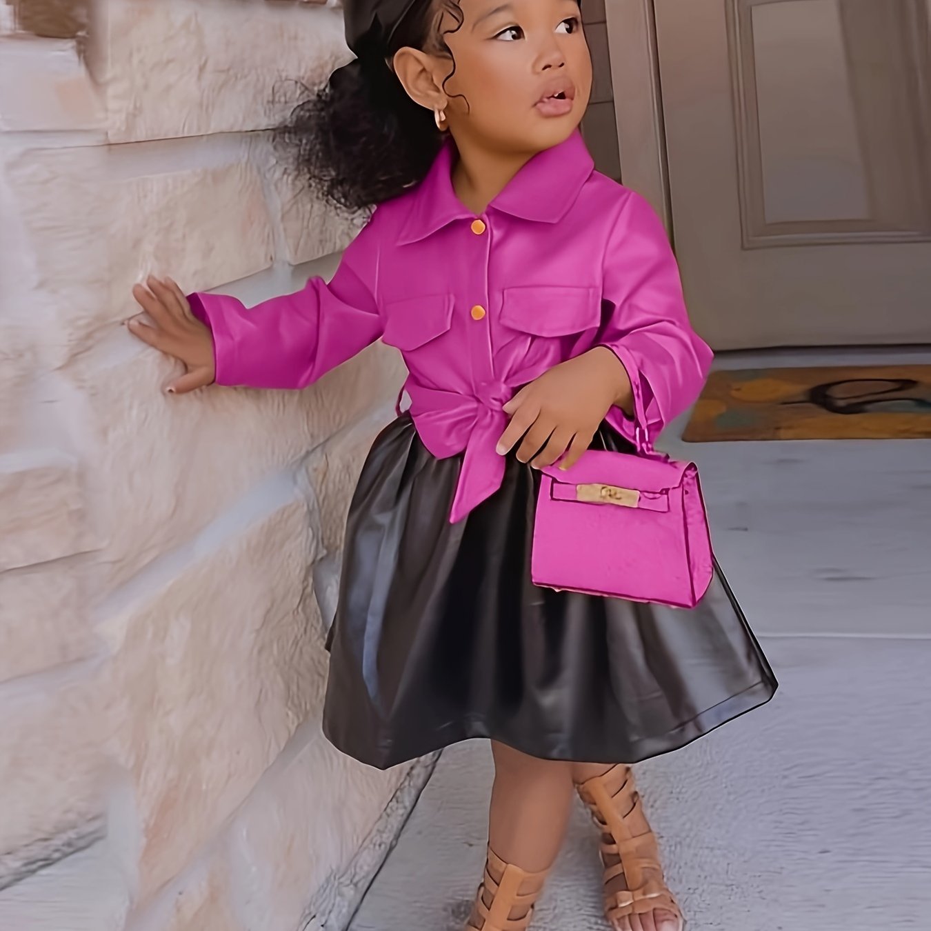 Vibrant Color Block PU Leather Dress for Girls - Stylish Button Lapel Design, Adjustable Belt, and Comfortable Fit for Kids' Everyday Wear