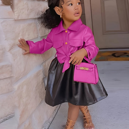 Vibrant Color Block PU Leather Dress for Girls - Stylish Button Lapel Design, Adjustable Belt, and Comfortable Fit for Kids' Everyday Wear