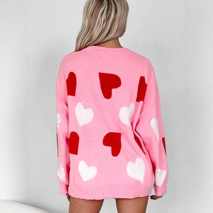 Women's Fashionable And Versatile Heart-Print Crew-Neck Knitted Top