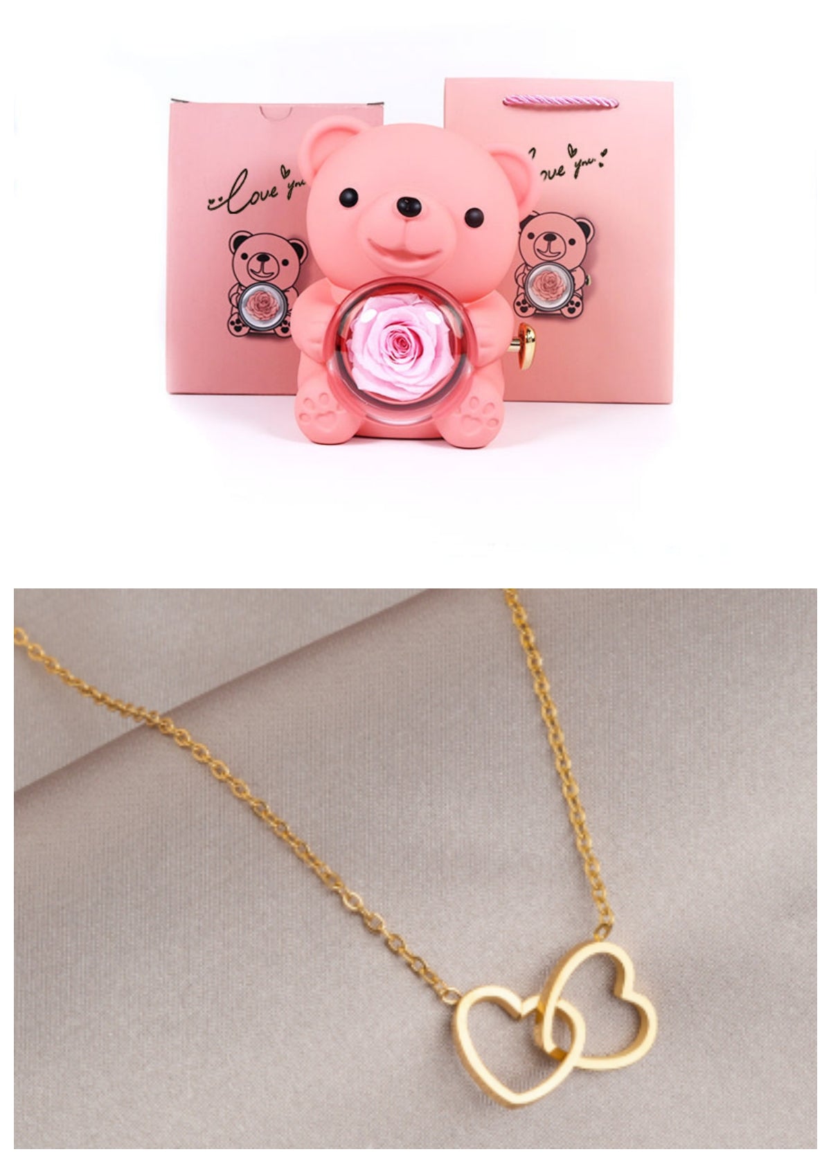 Rotating Bear Gift Box Eternal Rose Teddy Bear Jewelry Box With Necklace Valentine Wedding Special Present For Girlfriend Anniversary Gift Jewelry Box