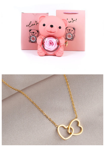 Rotating Bear Gift Box Eternal Rose Teddy Bear Jewelry Box With Necklace Valentine Wedding Special Present For Girlfriend Anniversary Gift Jewelry Box