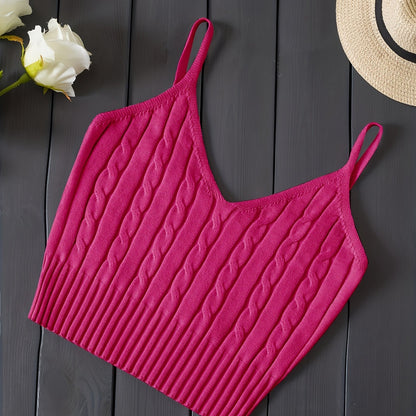 Valentine's Day Knitted Cami Crop Top, Versatile Sleeveless Casual Top For Spring & Summer, Women's Clothing