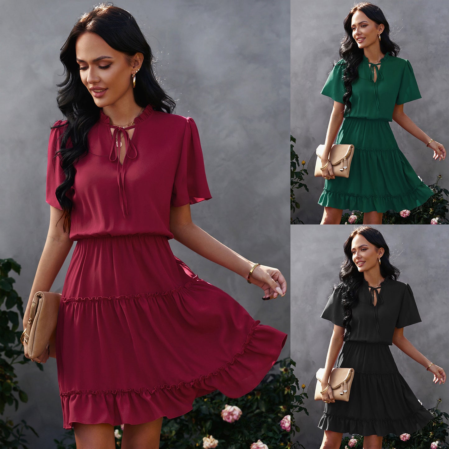 High Neck Neck Waist Ruffle Dress